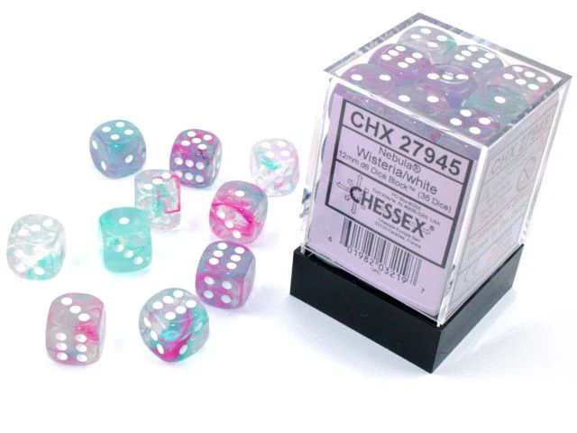 Chessex – Nebula 12mm d6 Wisteria/white Luminary Dice Block (36 dice)
